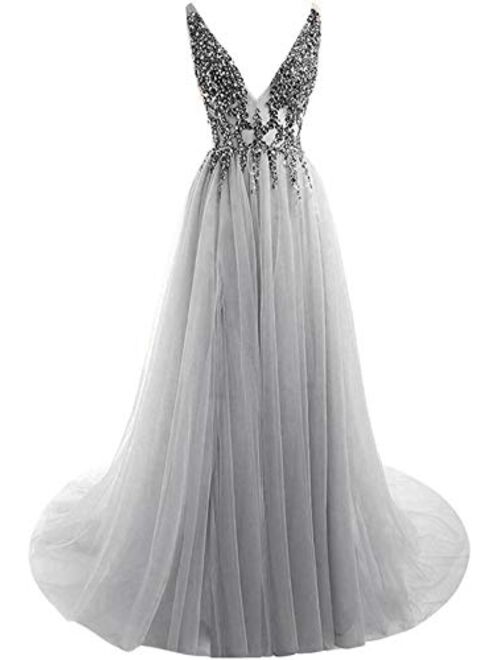 Gricharim Women' Beaded V Neck Tulle Prom Dress Long Slit Evening Gowns