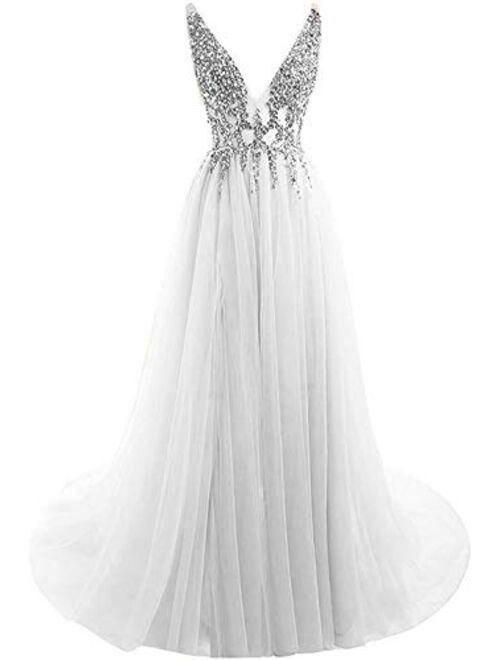 Gricharim Women' Beaded V Neck Tulle Prom Dress Long Slit Evening Gowns