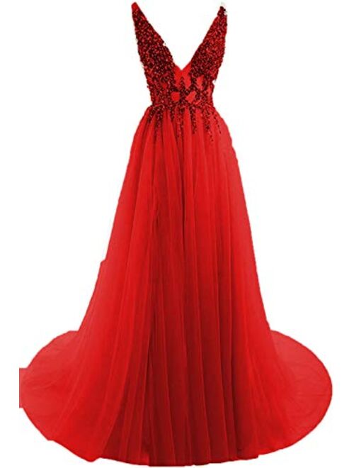 Gricharim Women' Beaded V Neck Tulle Prom Dress Long Slit Evening Gowns