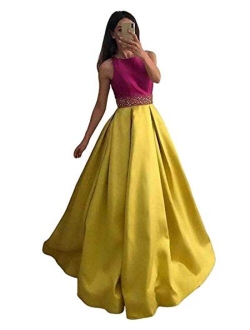 Women's Sleeveless Beaded Prom Dresses Long Satin Ball Gown Backless Evening Formal Gowns