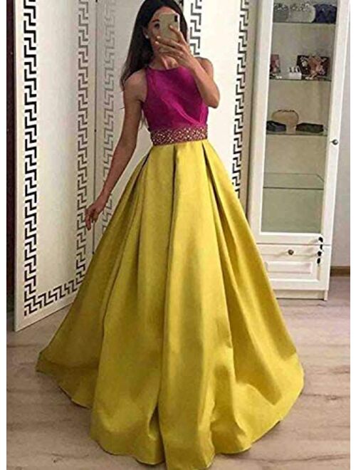 Gricharim Women's Sleeveless Beaded Prom Dresses Long Satin Ball Gown Backless Evening Formal Gowns