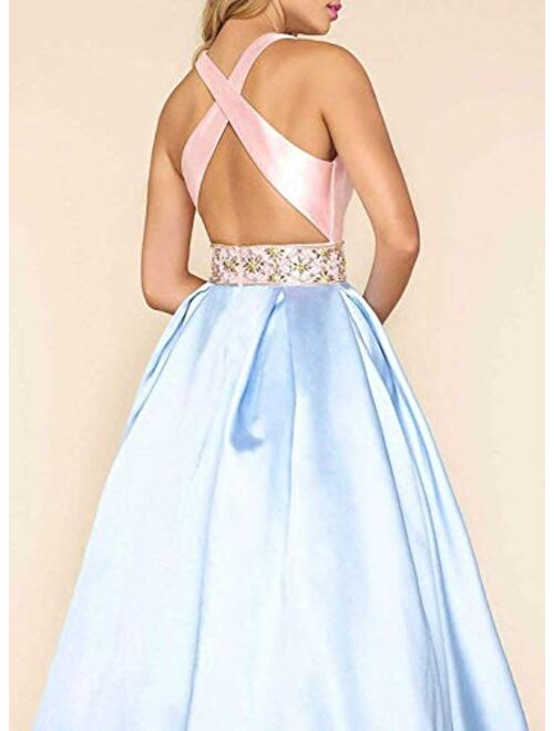 Gricharim Women's Sleeveless Beaded Prom Dresses Long Satin Ball Gown Backless Evening Formal Gowns