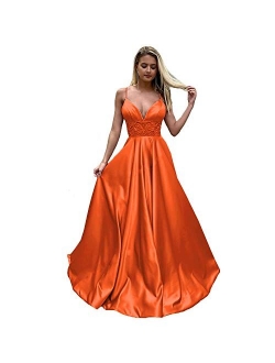 Luxury Women's Spaghetti Strap Beaded A Line Prom Dresses Long Evening Formal Gowns