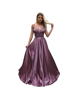 Luxury Women's Spaghetti Strap Beaded A Line Prom Dresses Long Evening Formal Gowns