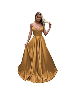 Luxury Women's Spaghetti Strap Beaded A Line Prom Dresses Long Evening Formal Gowns