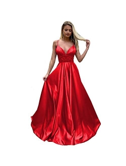 Luxury Women's Spaghetti Strap Beaded A Line Prom Dresses Long Evening Formal Gowns