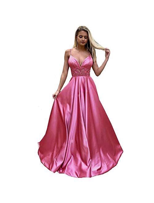 Gricharim Luxury Women's Spaghetti Strap Beaded A Line Prom Dresses Long Evening Formal Gowns