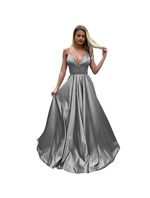 Gricharim Luxury Women's Spaghetti Strap Beaded A Line Prom Dresses Long Evening Formal Gowns