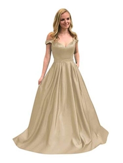 Off The Shoulder Beaded Satin Long Prom Dress Ball Gowns for Juniors Formal Gowns