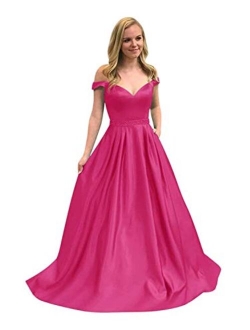 Off The Shoulder Beaded Satin Long Prom Dress Ball Gowns for Juniors Formal Gowns