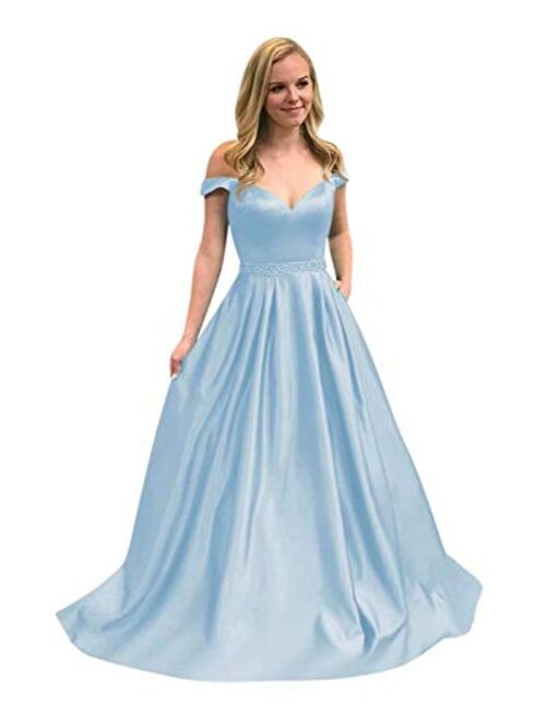 Gricharim Off The Shoulder Beaded Satin Long Prom Dress Ball Gowns for Juniors Formal Gowns