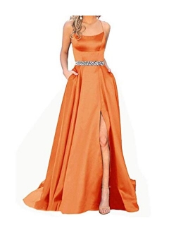 Sexy Women's Halter Long Prom Dresses Slit Beaded Evening Formal Gowns with Pockets