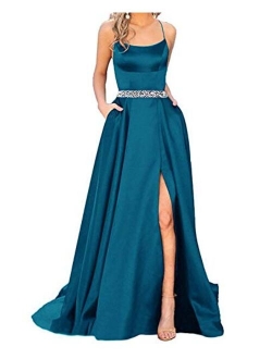 Sexy Women's Halter Long Prom Dresses Slit Beaded Evening Formal Gowns with Pockets