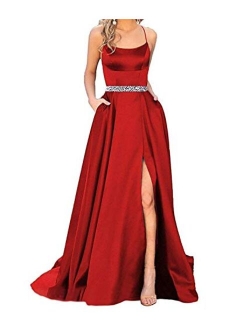 Sexy Women's Halter Long Prom Dresses Slit Beaded Evening Formal Gowns with Pockets