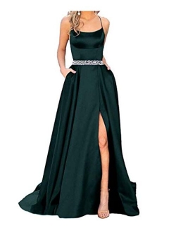 Sexy Women's Halter Long Prom Dresses Slit Beaded Evening Formal Gowns with Pockets