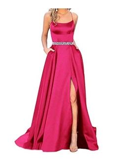 Sexy Women's Halter Long Prom Dresses Slit Beaded Evening Formal Gowns with Pockets