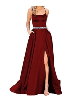 Sexy Women's Halter Long Prom Dresses Slit Beaded Evening Formal Gowns with Pockets