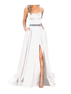 Sexy Women's Halter Long Prom Dresses Slit Beaded Evening Formal Gowns with Pockets