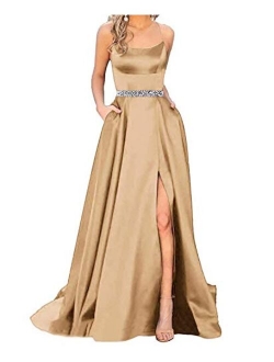 Sexy Women's Halter Long Prom Dresses Slit Beaded Evening Formal Gowns with Pockets