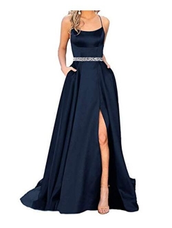 Sexy Women's Halter Long Prom Dresses Slit Beaded Evening Formal Gowns with Pockets