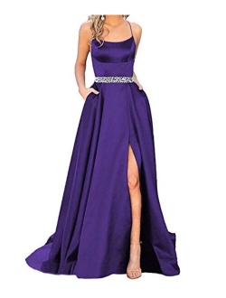 Sexy Women's Halter Long Prom Dresses Slit Beaded Evening Formal Gowns with Pockets