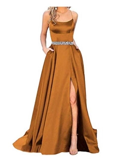 Sexy Women's Halter Long Prom Dresses Slit Beaded Evening Formal Gowns with Pockets