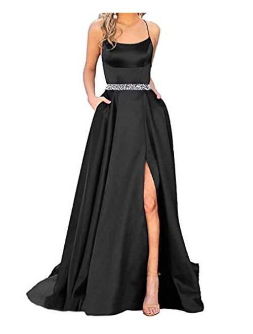 Gricharim Sexy Women's Halter Long Prom Dresses Slit Beaded Evening Formal Gowns with Pockets