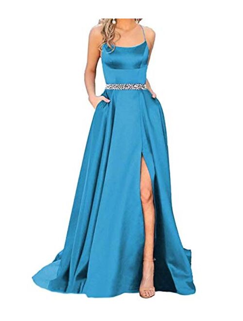 Gricharim Sexy Women's Halter Long Prom Dresses Slit Beaded Evening Formal Gowns with Pockets