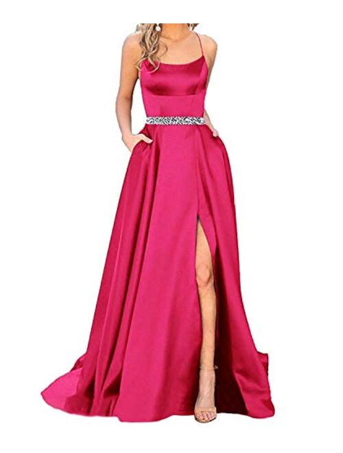 Gricharim Sexy Women's Halter Long Prom Dresses Slit Beaded Evening Formal Gowns with Pockets