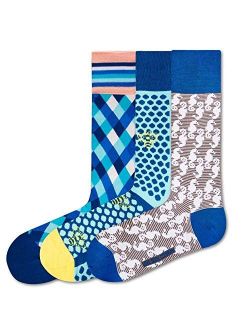 3 pairs Men's Colorful Fun Patterned Organic Cotton Socks - Blue Funky Socks Bundle