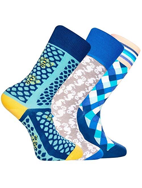 Love Sock Company 3 pairs Men's Colorful Fun Patterned Organic Cotton Socks - Blue Funky Socks Bundle