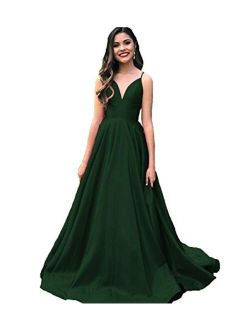 Women's Deep V-Neck Prom Dresses Long Spaghetti Straps Evening Gowns with Pockets