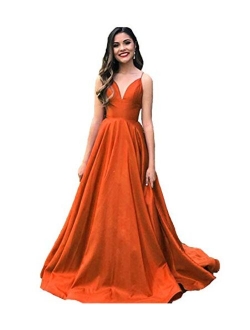 Women's Deep V-Neck Prom Dresses Long Spaghetti Straps Evening Gowns with Pockets