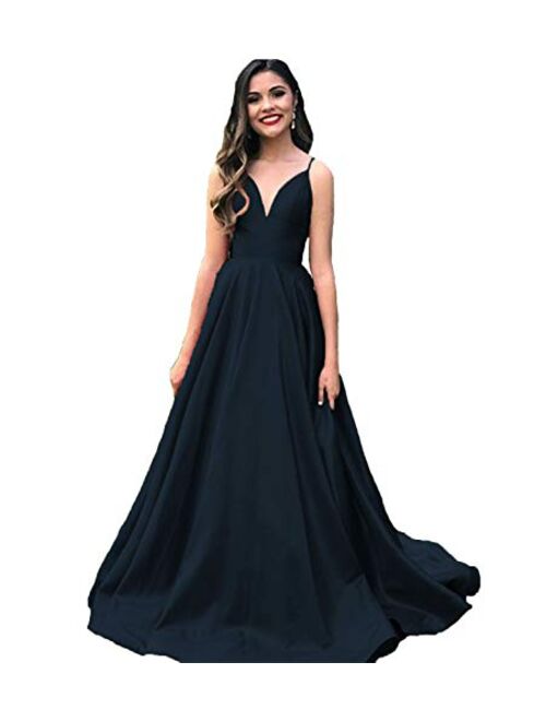 Gricharim Women's Deep V-Neck Prom Dresses Long Spaghetti Straps Evening Gowns with Pockets