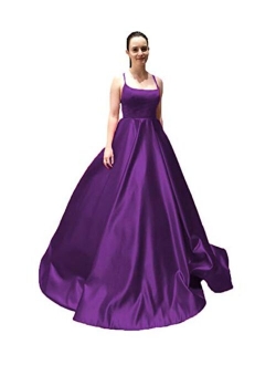 Spaghetti Strap Satin Prom Dresses Long Ball Gown Backless Evening Formal Gowns with Pockets