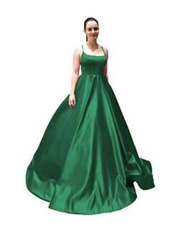 Spaghetti Strap Satin Prom Dresses Long Ball Gown Backless Evening Formal Gowns with Pockets