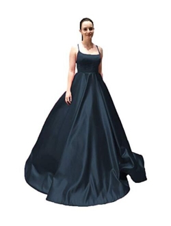 Spaghetti Strap Satin Prom Dresses Long Ball Gown Backless Evening Formal Gowns with Pockets