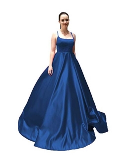 Spaghetti Strap Satin Prom Dresses Long Ball Gown Backless Evening Formal Gowns with Pockets