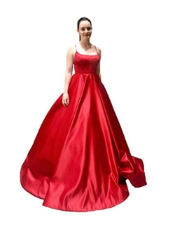 Spaghetti Strap Satin Prom Dresses Long Ball Gown Backless Evening Formal Gowns with Pockets