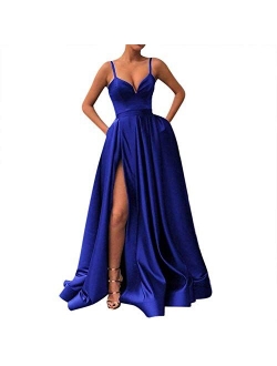 Women's Spaghetti Strap Satin Prom Dresses Long Slit Evening Gowns