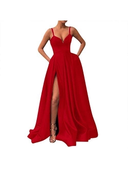 Women's Spaghetti Strap Satin Prom Dresses Long Slit Evening Gowns