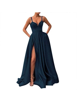 Women's Spaghetti Strap Satin Prom Dresses Long Slit Evening Gowns