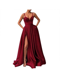 Women's Spaghetti Strap Satin Prom Dresses Long Slit Evening Gowns