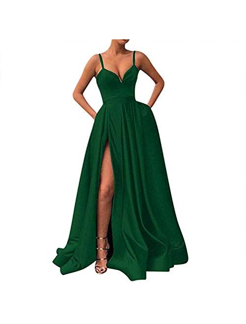 Gricharim Women's Spaghetti Strap Satin Prom Dresses Long Slit Evening Gowns