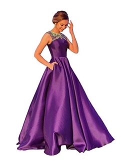 Women's Beaded Satin Prom Dresses Long A Line Evening Formal Gowns with Pockets