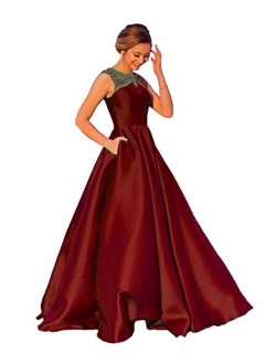 Women's Beaded Satin Prom Dresses Long A Line Evening Formal Gowns with Pockets