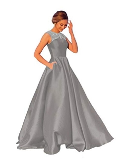 Women's Beaded Satin Prom Dresses Long A Line Evening Formal Gowns with Pockets