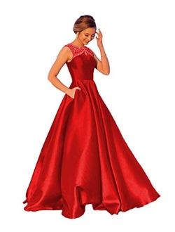 Women's Beaded Satin Prom Dresses Long A Line Evening Formal Gowns with Pockets