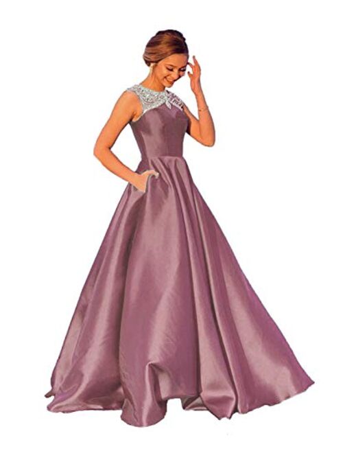 Gricharim Women's Beaded Satin Prom Dresses Long A Line Evening Formal Gowns with Pockets