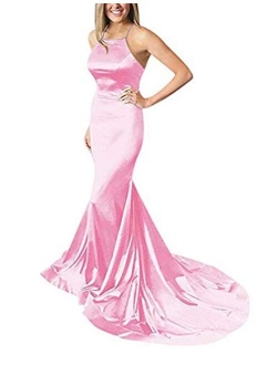 Halter Mermaid Prom Dresses Satin Sexy Backless Long Evening Party Gowns